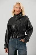 Leather jacket cropped με ζώνη και μεγάλο γιακά μαύρο