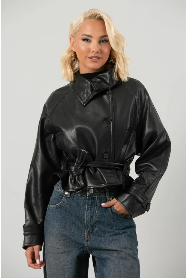 Leather jacket cropped με ζώνη και μεγάλο γιακά μαύρο