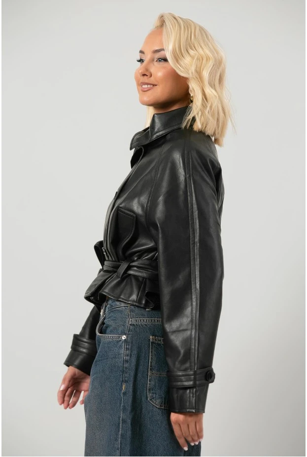 Leather jacket cropped με ζώνη και μεγάλο γιακά μαύρο