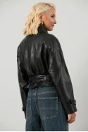 Leather jacket cropped με ζώνη και μεγάλο γιακά μαύρο