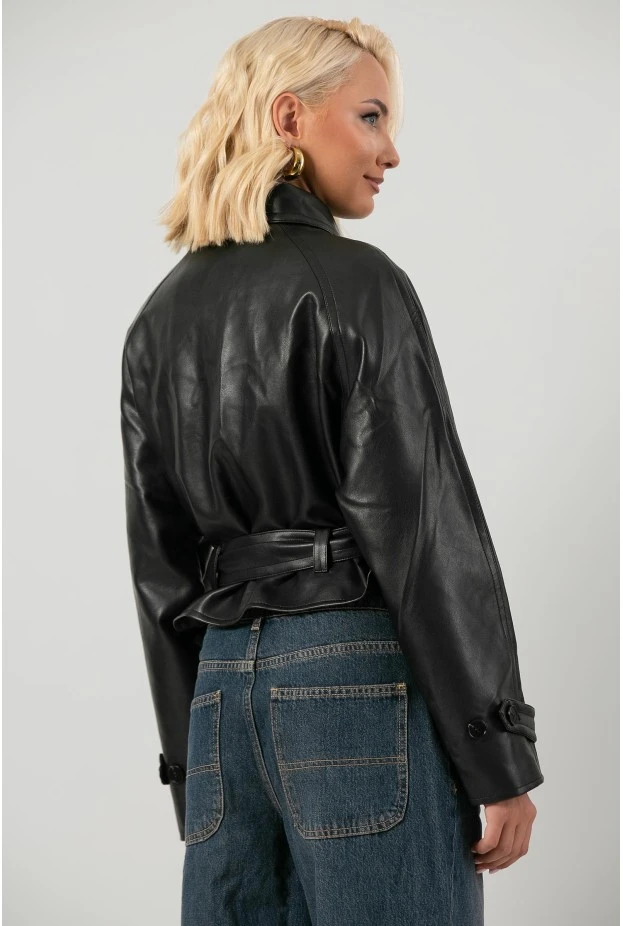 Leather jacket cropped με ζώνη και μεγάλο γιακά μαύρο