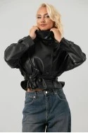 Leather jacket cropped με ζώνη και μεγάλο γιακά μαύρο
