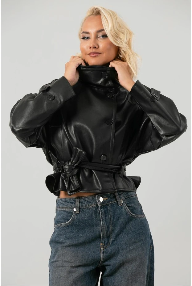 Leather jacket cropped με ζώνη και μεγάλο γιακά μαύρο