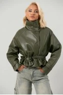 Leather jacket cropped με ζώνη και μεγάλο γιακά λαδί