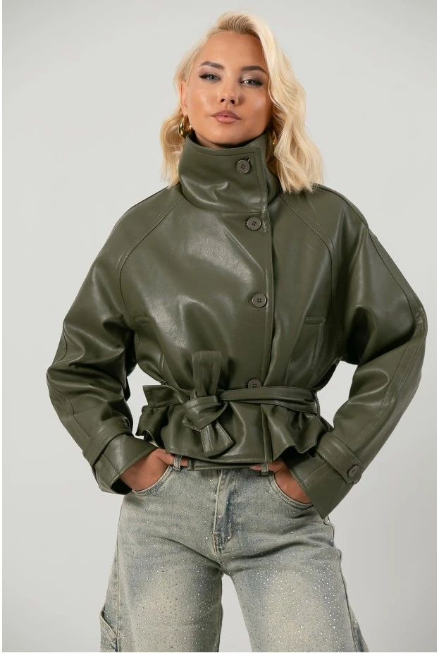 Leather jacket cropped με ζώνη και μεγάλο γιακά λαδί