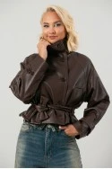 Leather jacket cropped με ζώνη και μεγάλο γιακά μπορντό