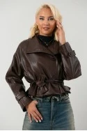 Leather jacket cropped με ζώνη και μεγάλο γιακά μπορντό