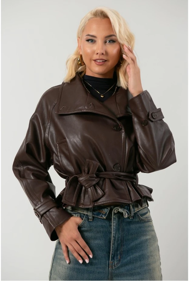 Leather jacket cropped με ζώνη και μεγάλο γιακά μπορντό