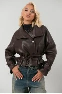 Leather jacket cropped με ζώνη και μεγάλο γιακά μπορντό