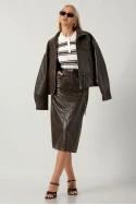 Leather jacket με κορδόνι στη μέση καφέ