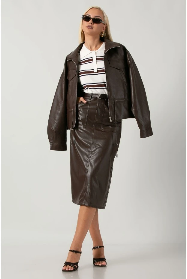 Leather jacket με κορδόνι στη μέση καφέ
