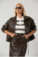 Leather jacket με κορδόνι στη μέση καφέ