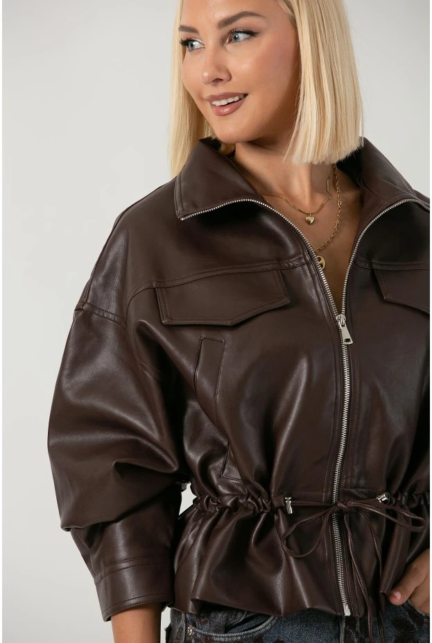 Leather jacket με κορδόνι στη μέση μπορντό