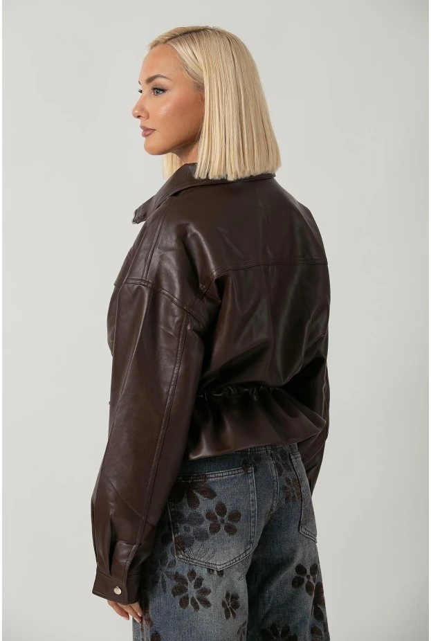 Leather jacket με κορδόνι στη μέση μπορντό