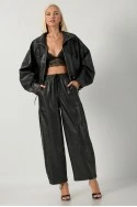 Leather jacket με κορδόνι στη μέση μαύρο