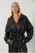 Leather jacket με κορδόνι στη μέση μαύρο