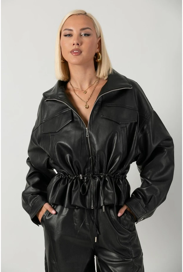 Leather jacket με κορδόνι στη μέση μαύρο