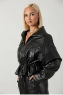Leather jacket με κορδόνι στη μέση μαύρο