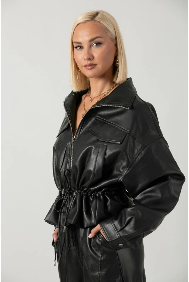 Leather jacket με κορδόνι στη μέση μαύρο