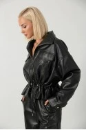 Leather jacket με κορδόνι στη μέση μαύρο