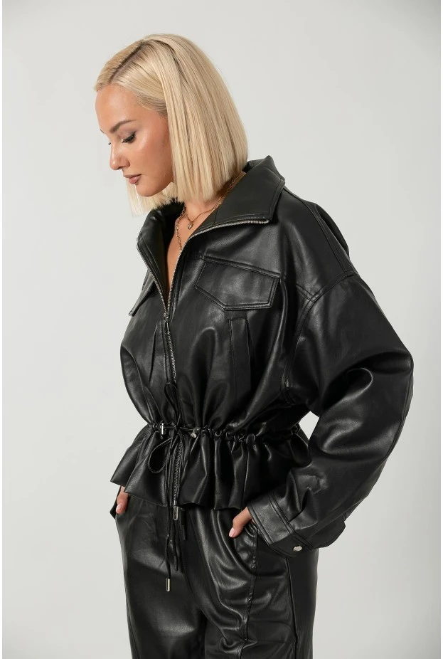 Leather jacket με κορδόνι στη μέση μαύρο