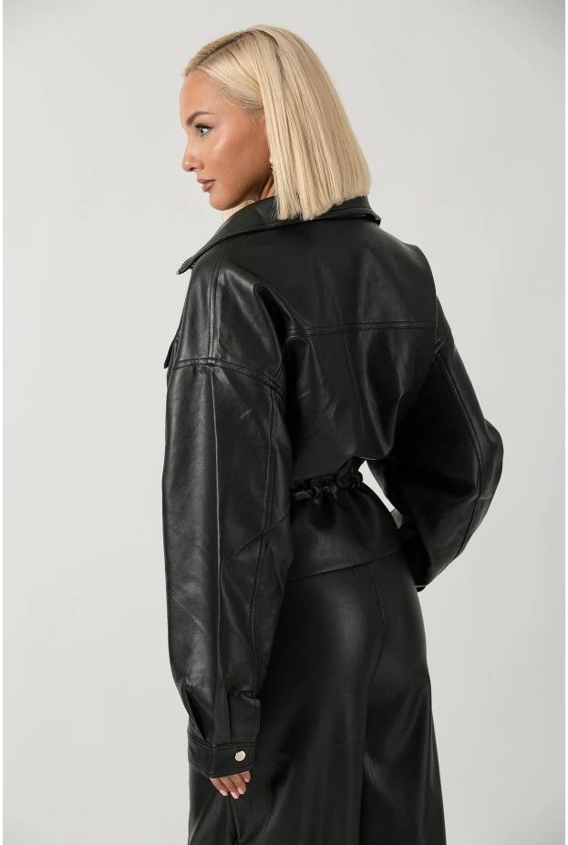 Leather jacket με κορδόνι στη μέση μαύρο