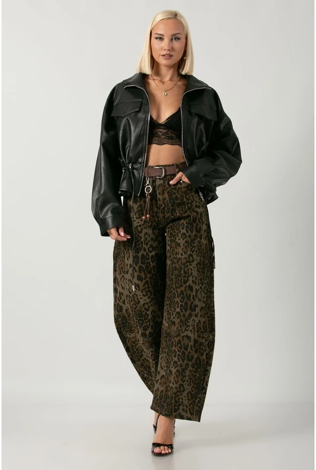 Leather jacket με κορδόνι στη μέση μαύρο