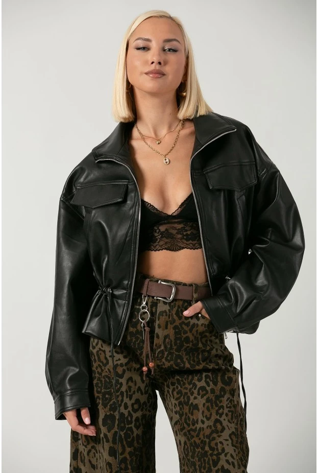 Leather jacket με κορδόνι στη μέση μαύρο