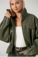 Leather jacket με κορδόνι στη μέση λαδί