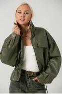 Leather jacket με κορδόνι στη μέση λαδί