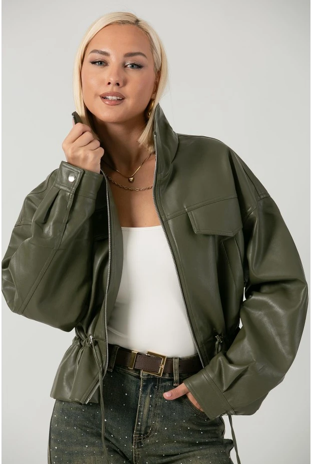 Leather jacket με κορδόνι στη μέση λαδί