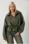Leather jacket με κορδόνι στη μέση λαδί
