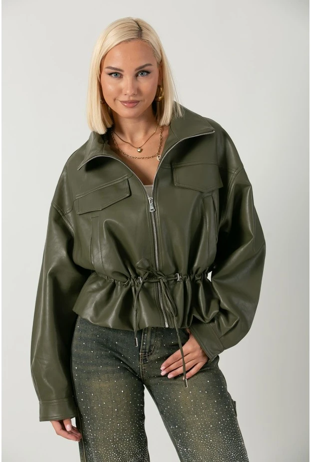 Leather jacket με κορδόνι στη μέση λαδί