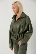 Leather jacket με κορδόνι στη μέση λαδί