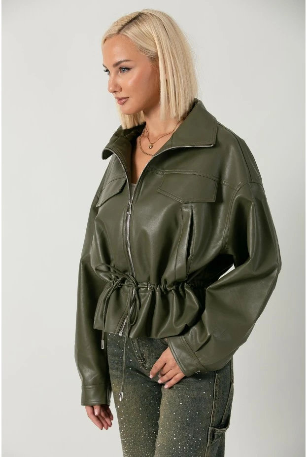Leather jacket με κορδόνι στη μέση λαδί