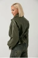 Leather jacket με κορδόνι στη μέση λαδί