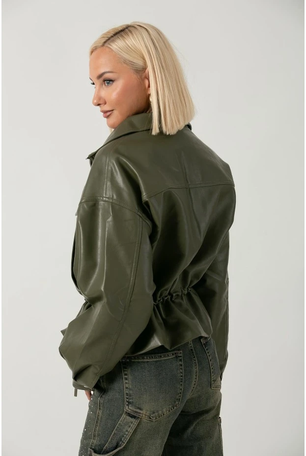 Leather jacket με κορδόνι στη μέση λαδί