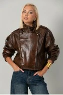 Leather jacket με vintage εφέ και λάστιχο στα μάνικια και στη μέση καφέ