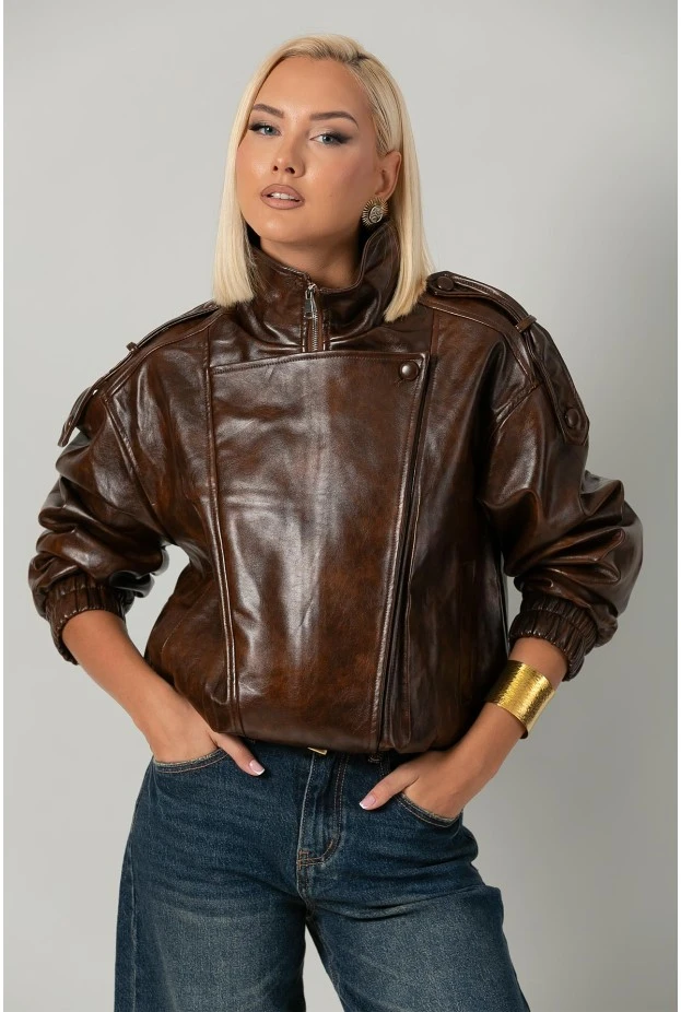 Leather jacket με vintage εφέ και λάστιχο στα μάνικια και στη μέση καφέ