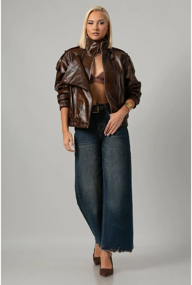 Leather jacket με vintage εφέ και λάστιχο στα μάνικια και στη μέση καφέ