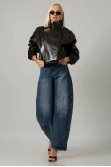 Leather jacket με vintage εφέ και λάστιχο στα μάνικια και στη μέση καφέ σκούρο