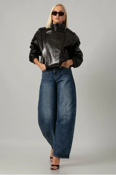 Leather jacket με vintage εφέ και λάστιχο στα μάνικια και στη μέση καφέ σκούρο