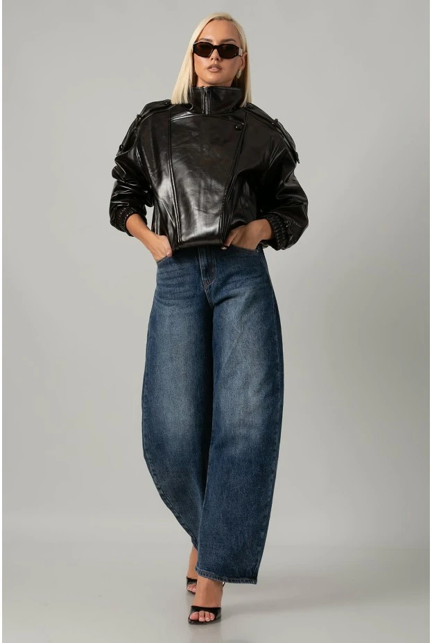 Leather jacket με vintage εφέ και λάστιχο στα μάνικια και στη μέση καφέ σκούρο