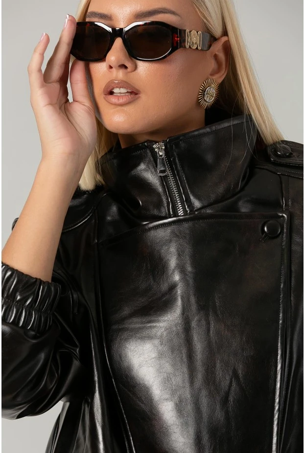 Leather jacket με vintage εφέ και λάστιχο στα μάνικια και στη μέση καφέ σκούρο