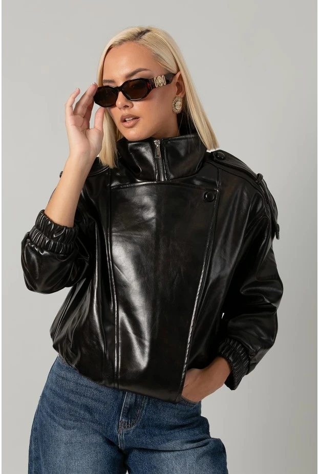 Leather jacket με vintage εφέ και λάστιχο στα μάνικια και στη μέση καφέ σκούρο