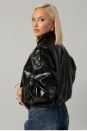 Leather jacket με vintage εφέ και λάστιχο στα μάνικια και στη μέση καφέ σκούρο