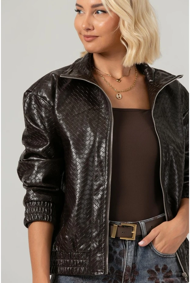 Leather jacket ανάγλυφο καφέ