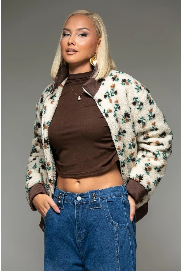 Jacket bomber teddy με λουλούδια εκρού