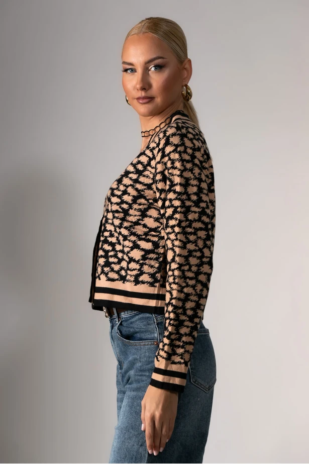 Ζακέτα με animal print και κουμπιά μαύρο-μπεζ