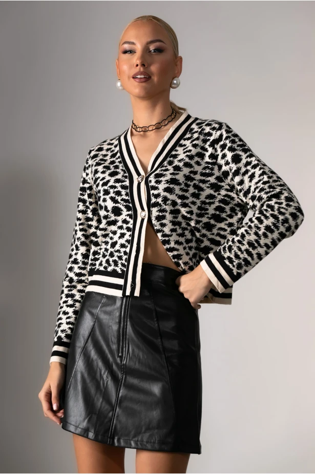 Ζακέτα με animal print και κουμπιά λευκό-μαύρο
